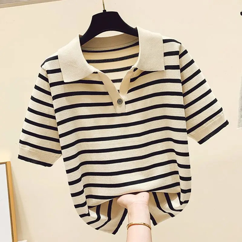 Women Clothing Fashion Polo-neck Striped Short Sleeve T-shirts Summer Vintage Button Sweet Knit Top Office Lady Loose Pullovers 240806