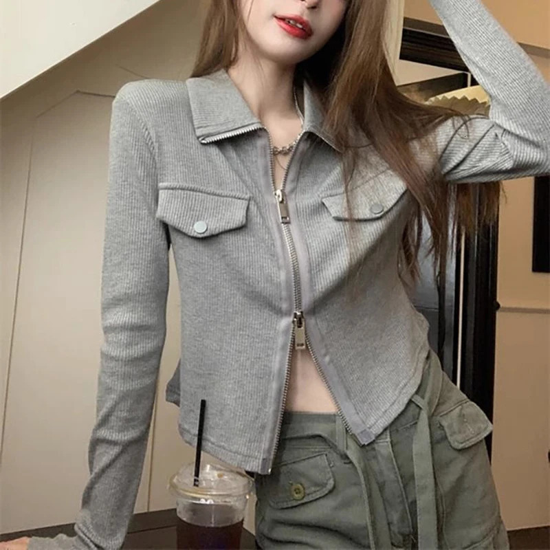 Spring Autumn Womens Korean Fashion Polo Collar Zipper Long Sleeve T-shirts Y2K Female Black Gray Slim Chic Sexy Crop Tops 240806