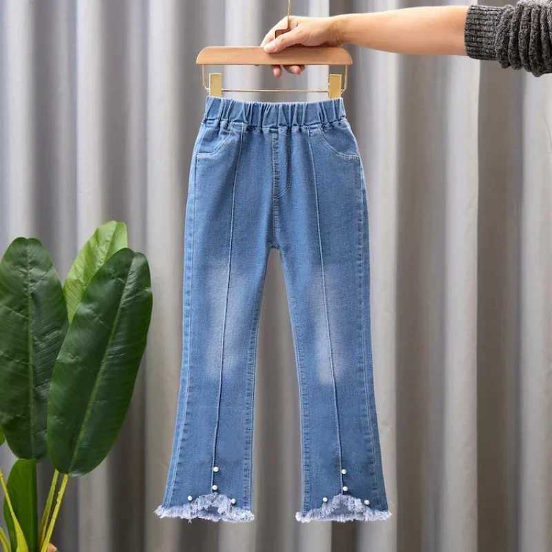 2024 New Autumn Elastic Kids Jeans Girls Cute Leisure Blue Denim Children Flared Pants Girl Clothes Trousers 4-10 Years W241227