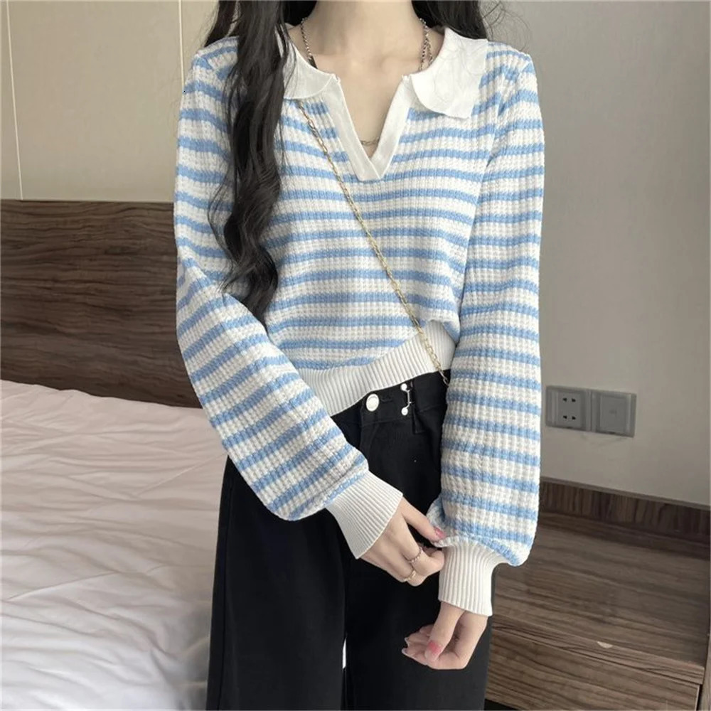 Autumn sweater knitted polo T-shirt womens loose casual polo collar long sleeved bottom striped top womens clothing y2k 240827