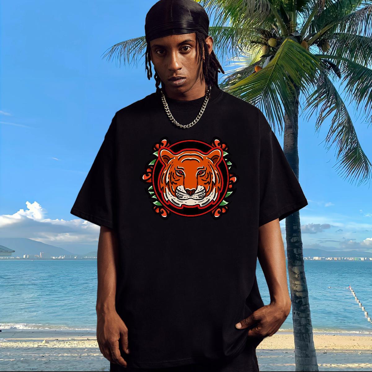 2024 Summer T Shirt For Man 230g Cotton tiger Daily Wear Clothings Crew Neck Classic Men Tshirts Custom Cartoon