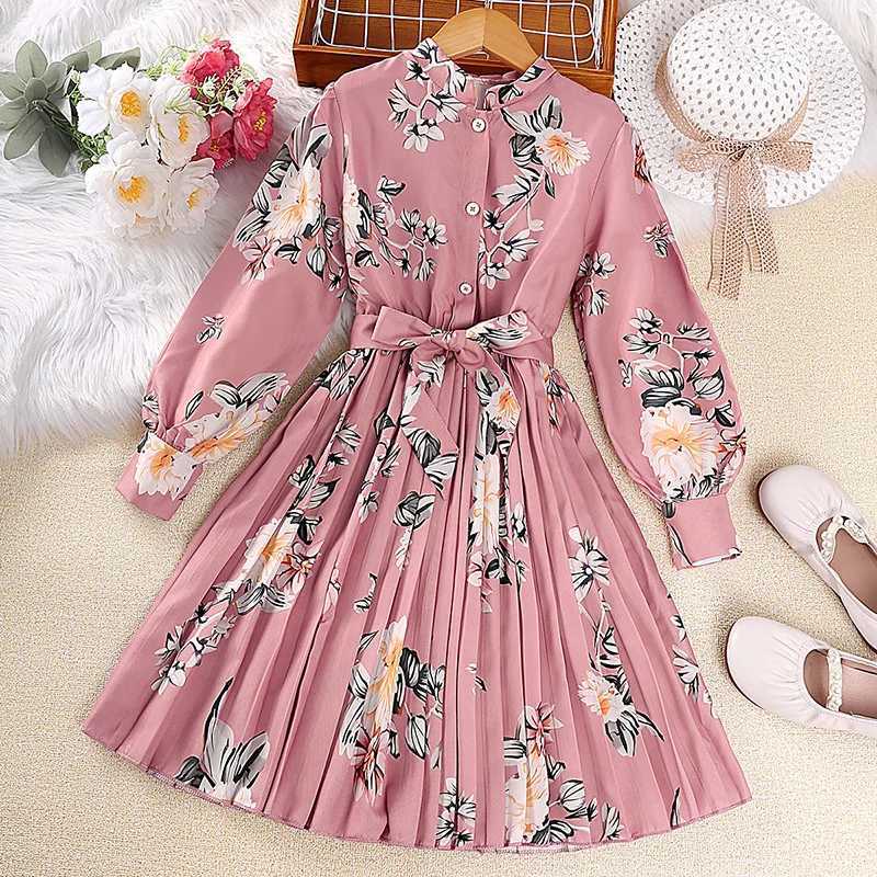 Girl 8-12 years old pink printed long sleeved pleated elegant vacation party dress for girlsW240720