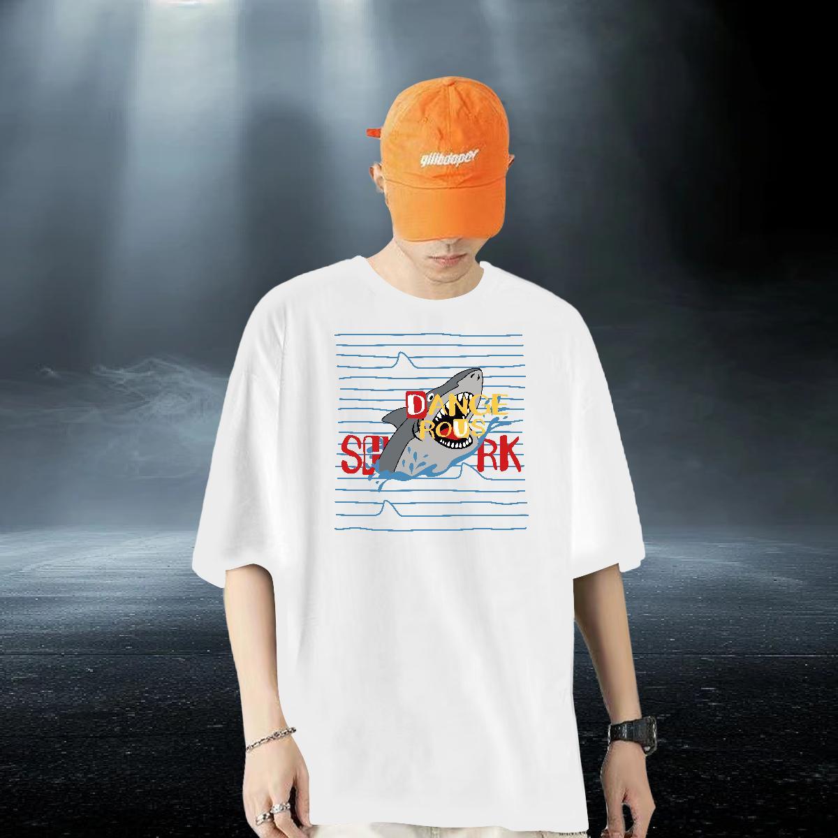 DIY Men T Shirts 230g 100% Cotton shark Street Wear Breathable Short Sleeve Unisex Men Tshirts Asian Size