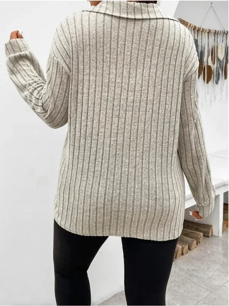 Autumn Womens Plus Size Fashion Solid Color Large Womens Top V-shaped Polo Neck Long Sleeve Pit Striped Matte T-shirt Loose 240806