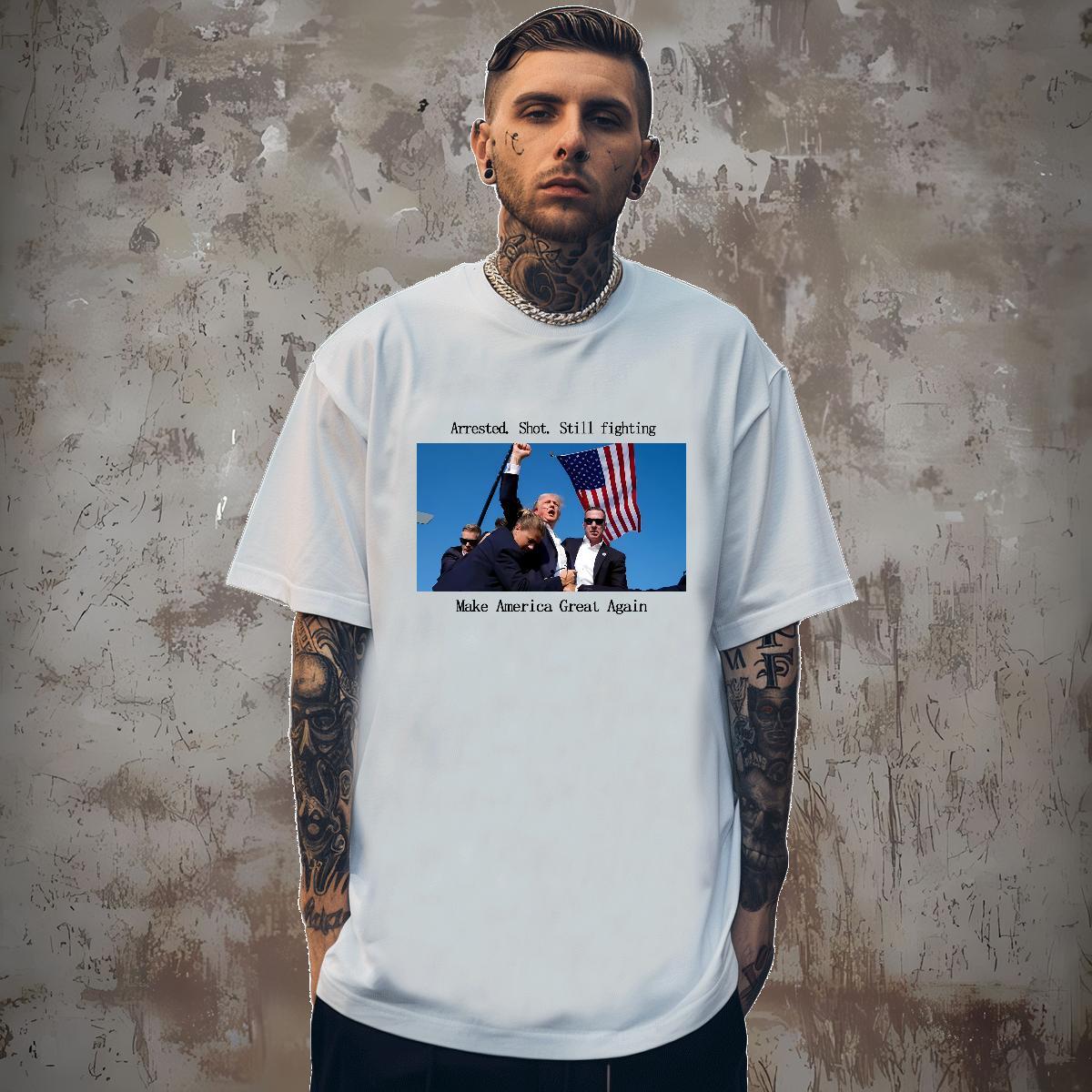 Classic Men Tees 230g Pure Cotton Arrested. Shot. Still fighting Man T Shirts Hip Hop Crew Neck Anime Print Stylist Tees Shirts