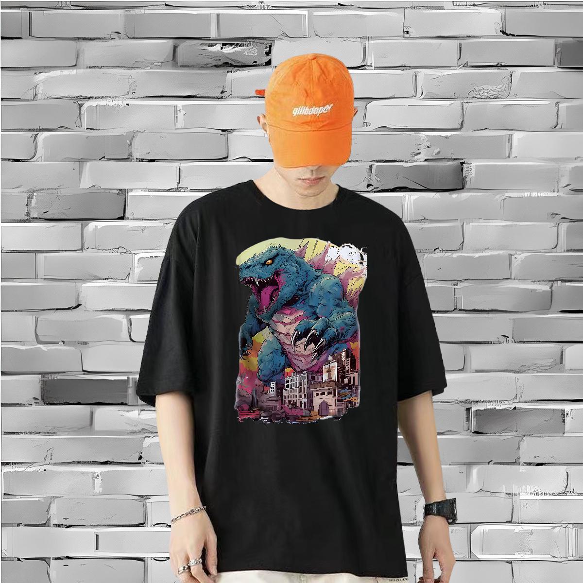 Customized T-Shirts for Men 100% Cotton 230g dinosaur Hip Hop Wear Breathable Short Sleeve Classic Men Tees Asian Size