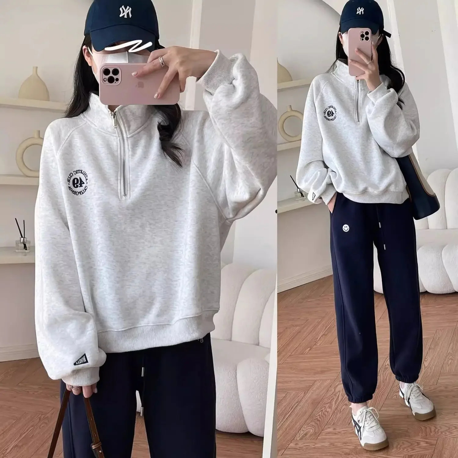 High-end Embroidery Age-reducing Stand Collar Zip-up Pullover Sleeve Loose-fit Thickened Sweatshirt Womens Jacket Top Cotton 240806