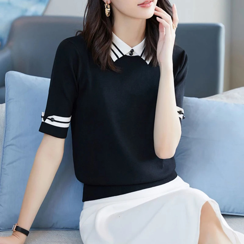 Summer Halft Sleeve Knitting Tee Female Casual Fashion Tee Slim Patchwork Pullover Tops Women Polo-neck All-match T-shirt 240806