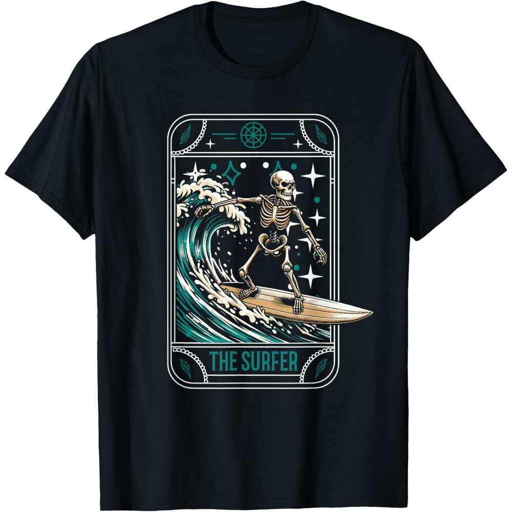 Halloween T shirt Mens Surfer Surfing Surfboard - Waves Skeleton Tarot Card T-Shirt shirts tshirt graphic tee Casual tops summer clothes Short sleeve 