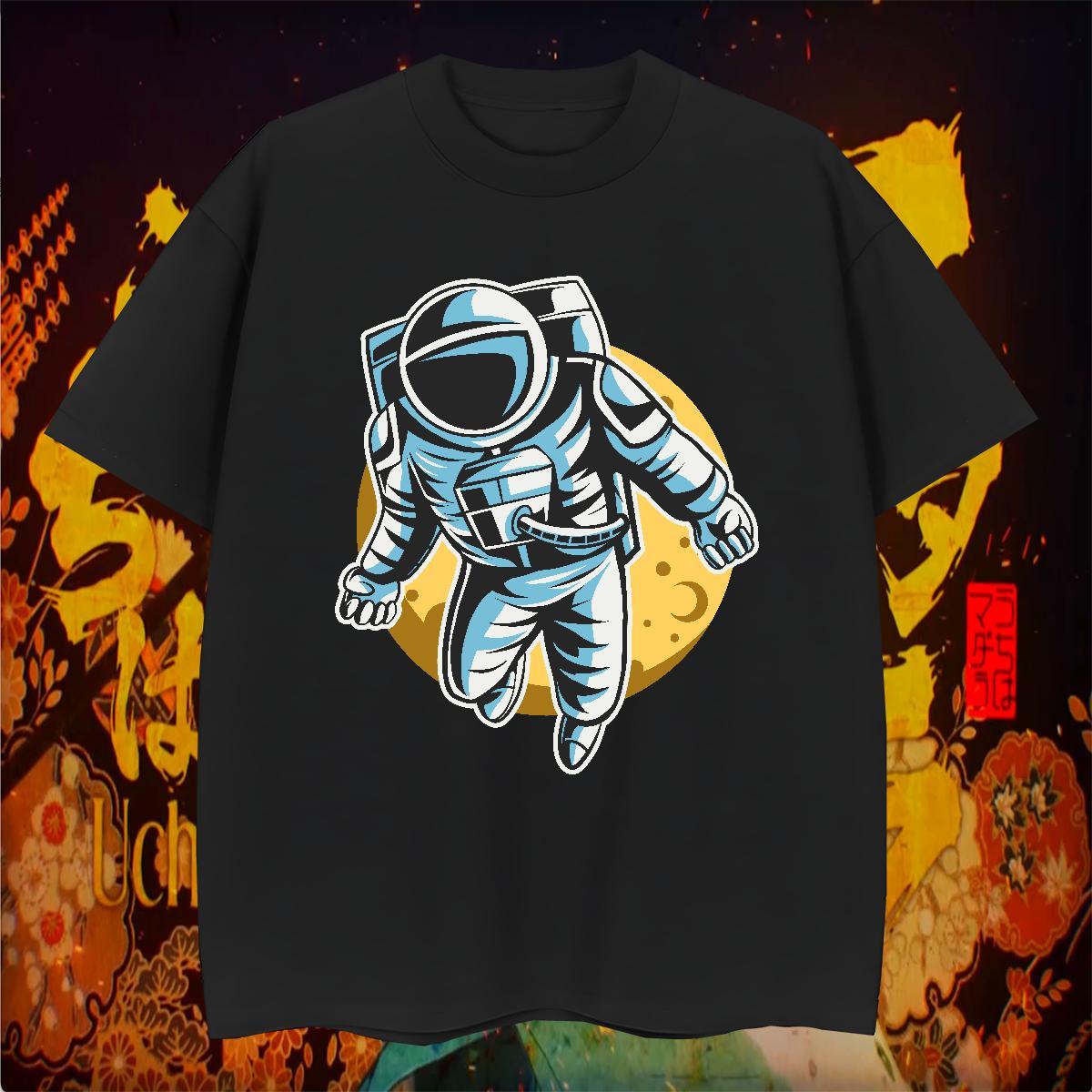 T-Shirts 230g Pure Cotton cosmonaut Home Outdoor Round Neck Short Sleeve Black Oversized Men Clothes T-Shirt Fashion Designer Soft Polos