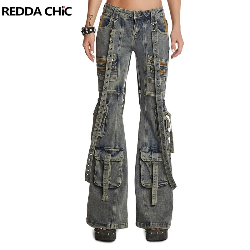 ReddaChic Low Waist Cargo Pockets Flare Jeans Women Detachable Belt Vintage Blue Distressed Bootcut Pants Grunge Y2k Streetwear 240806