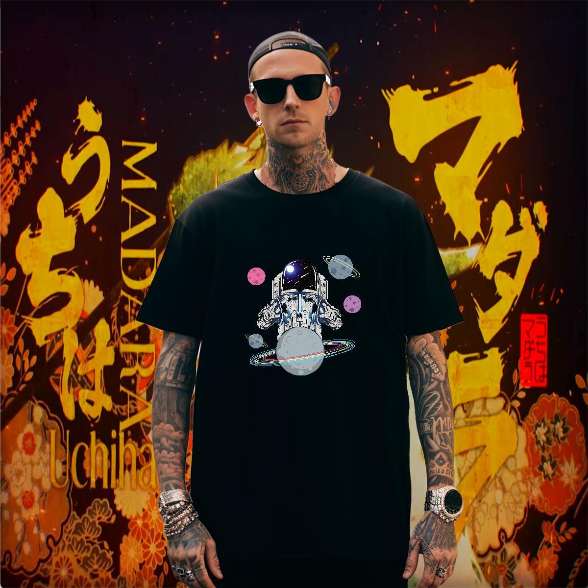 T Shirt For Man 230g 100% Cotton cosmonaut Street Casual Breathable Short Sleeve Plus Size Cartoon Men Tops Tees Fashion Casual Popular Tee Shirt