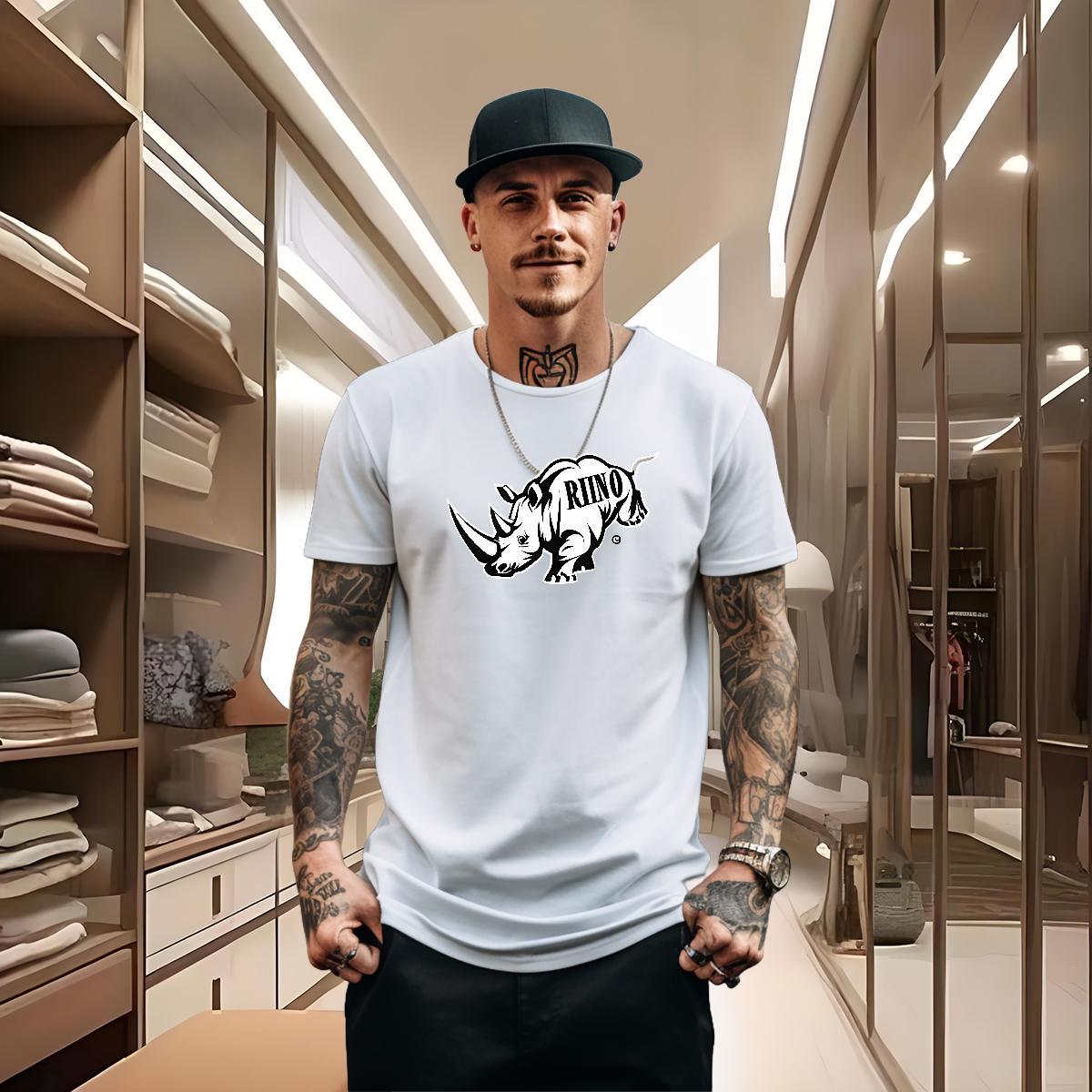 2024 Summer Men T Shirts 100% Cotton 230g rhinoceros Home Outdoor Tee Shirt O-Neck Short Sleeve Popular Tshirts Cartoon Print