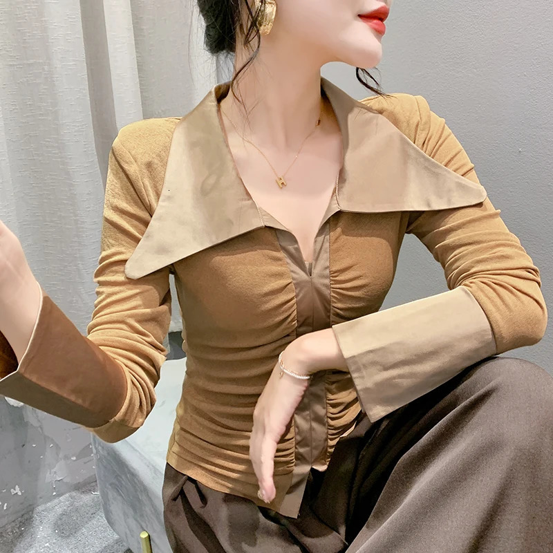 MadBlack European Clothes Tshirt Women Turn Down Collar Patchwork Slim Tops Long Flare Sleeve Tees Autumn Spring T30404JM 240806