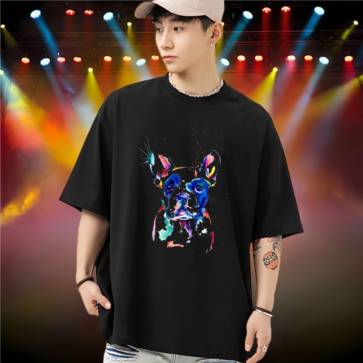 New T-Shirts for Men 230g Cotton coloful dog Spring Summer Tshirts O Neck Short Sleeves Loose Men Tops Tees Oversized