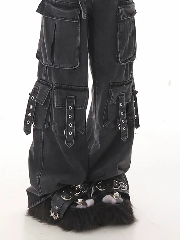 Pure Color Classic High Waist Street Female Wide Leg Pants American Fashion Multiple Pockets Simple Casual Loose Women Jeans 240806