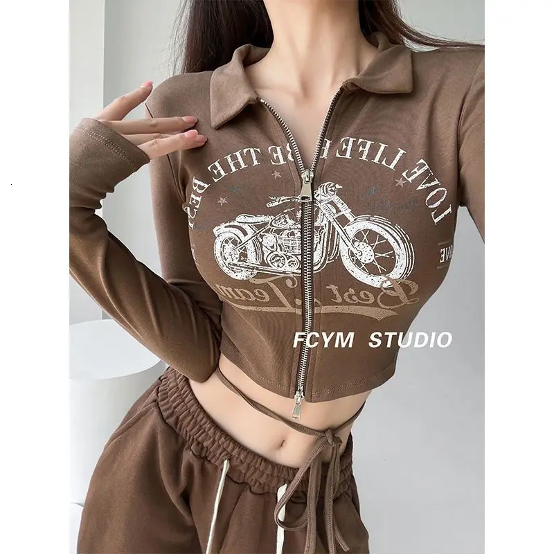 Zip Up Cutting T-shirt Womens Retro Y2k Graphic Polo Top Ultra Thin Bandage Shirt Long Sleeve T-shirt Brown Almond 240827