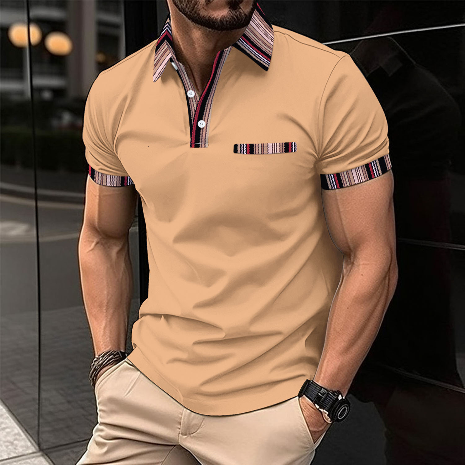 2024 new men's casual polo shirt with fake chest pocket, striped color blocked buttons, versatile for men