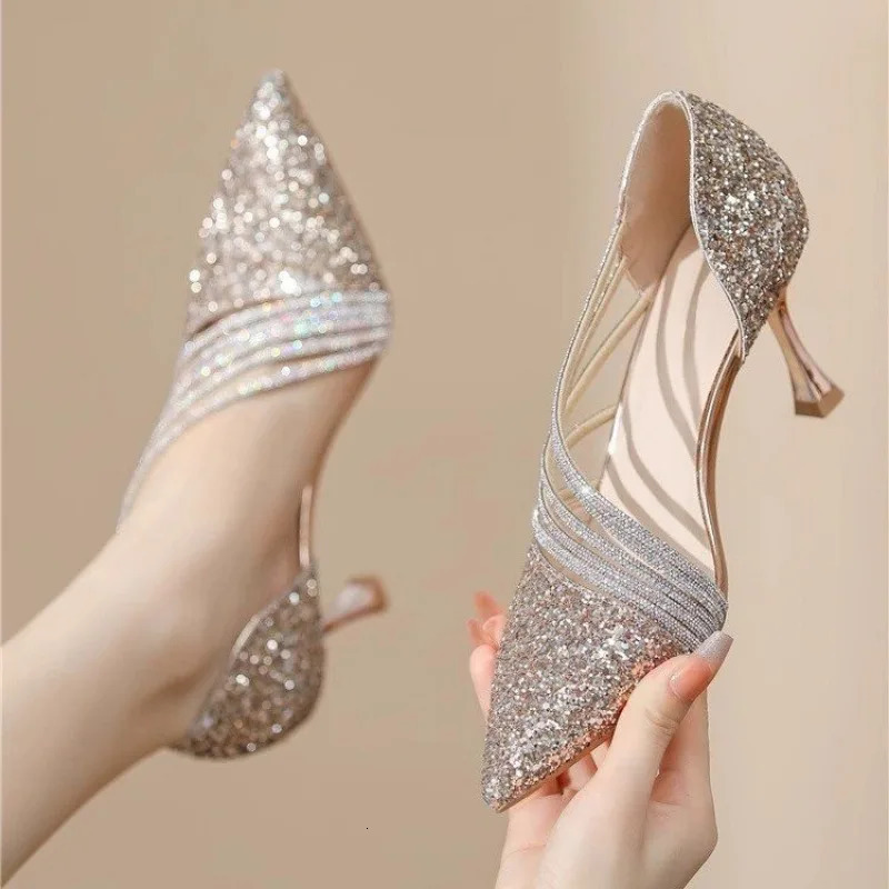 Sexy Pointed Toe Champagne Womens High Heels 2024 Sparkling Crystal Wedding Bridal Shoes Simple and Elegant Womens Dress Shoes 240802