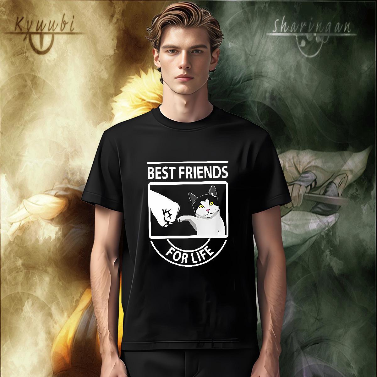 Loose Fit Men Tees 230g Cotton Outdoor cat Cartoon Print Breathable Crew Neck 2024 New T Shirt For Man Clothes