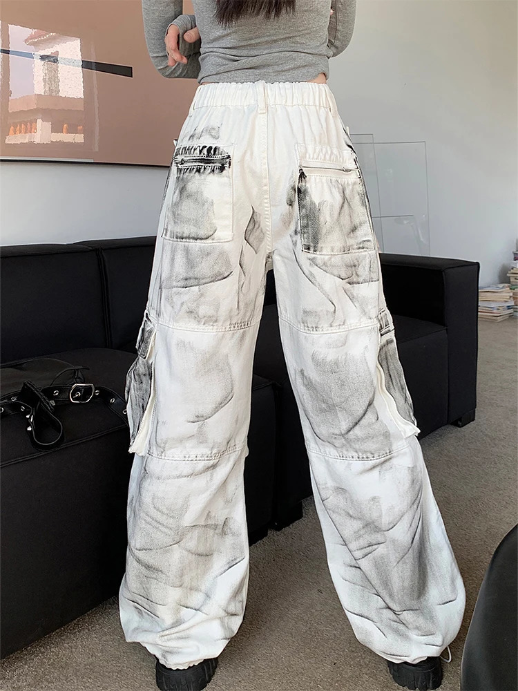 Womens White Cargo Jeans Baggy Vintage High Waist Cowboy Pants Harajuku Aesthetic Tie-Dyed Denim Trousers 90s Y2k Clothes 240806