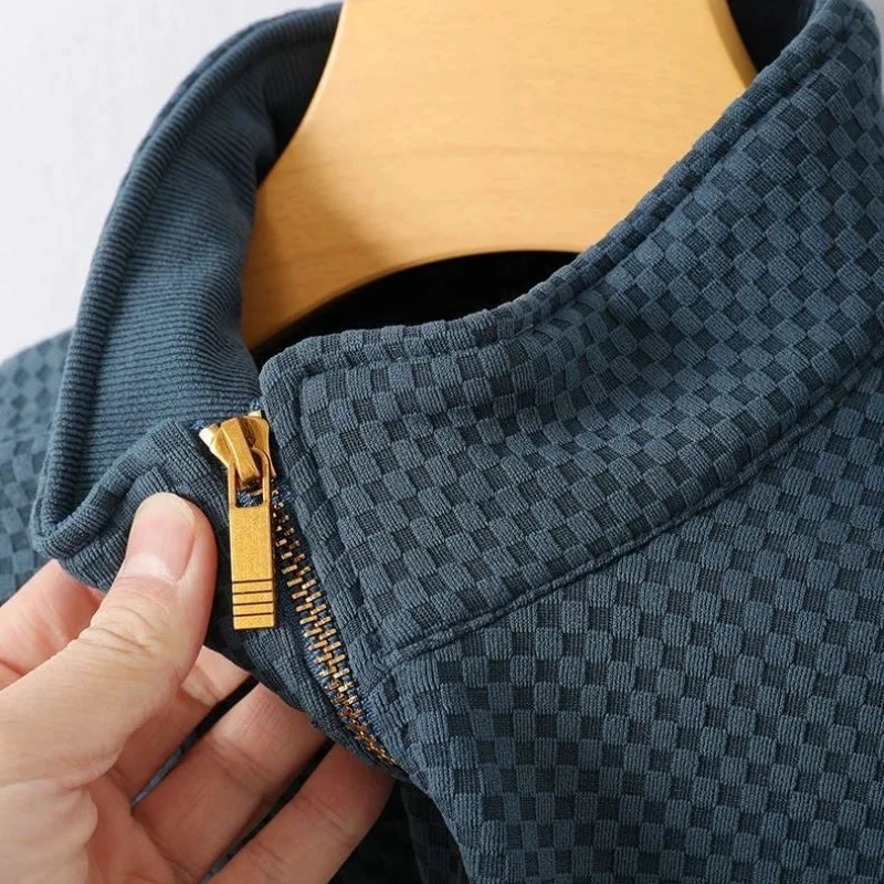 High quality geometric jacquard sweater mens zipper stand up collar long sleeved Tshirt autumn loose 240806