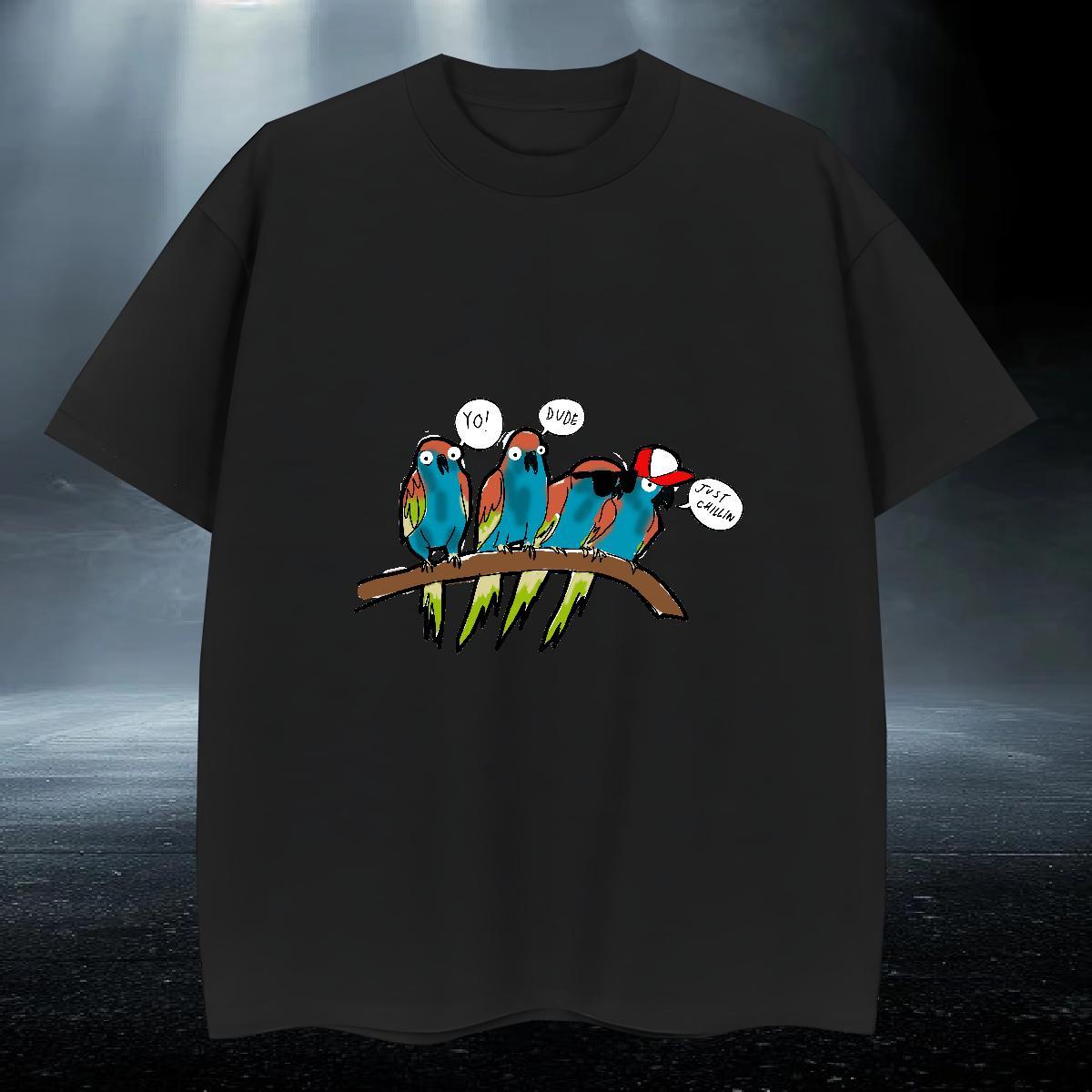 Casual New Mens T Shirts 230g 100% Cotton bird Anime Printing Street Tops Tees O Neck Short Sleeves TOP Quality Men Tops Tees White Plus Size