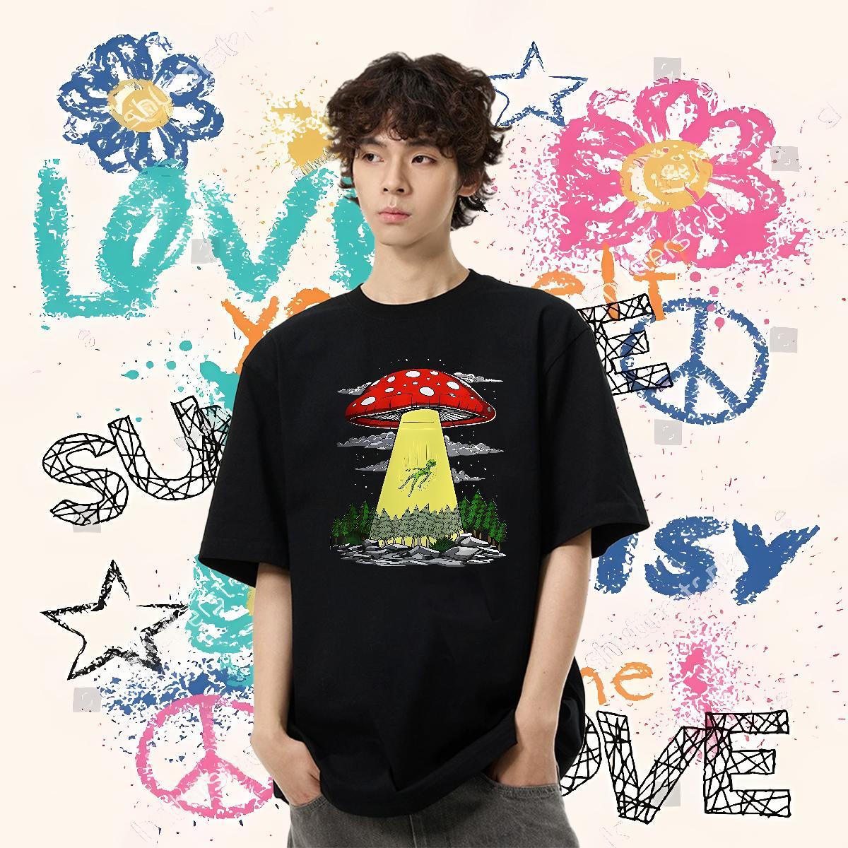 2024 T-Shirts 100% Cotton 230g mushroom Summer Casual Tshirts Breathable Wholesale Men Clothes T-Shirt Floral Print