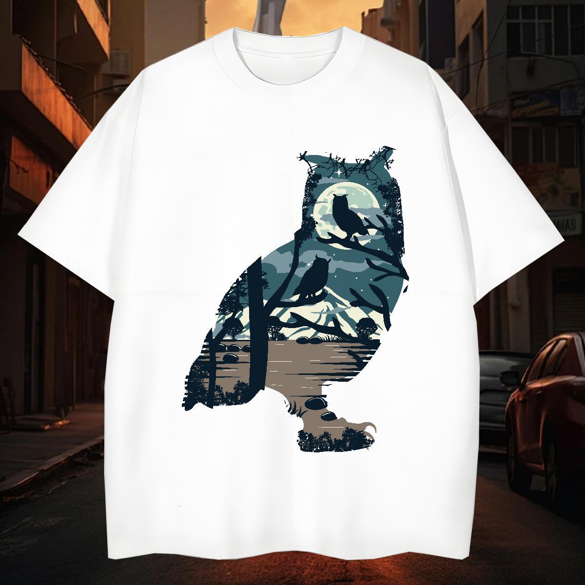 T Shirts Men 230g 100% Cotton Owl Daily Wear Breathable Crew Neck Anime Print Men Tops Tees Classic Casual Designer Clothings