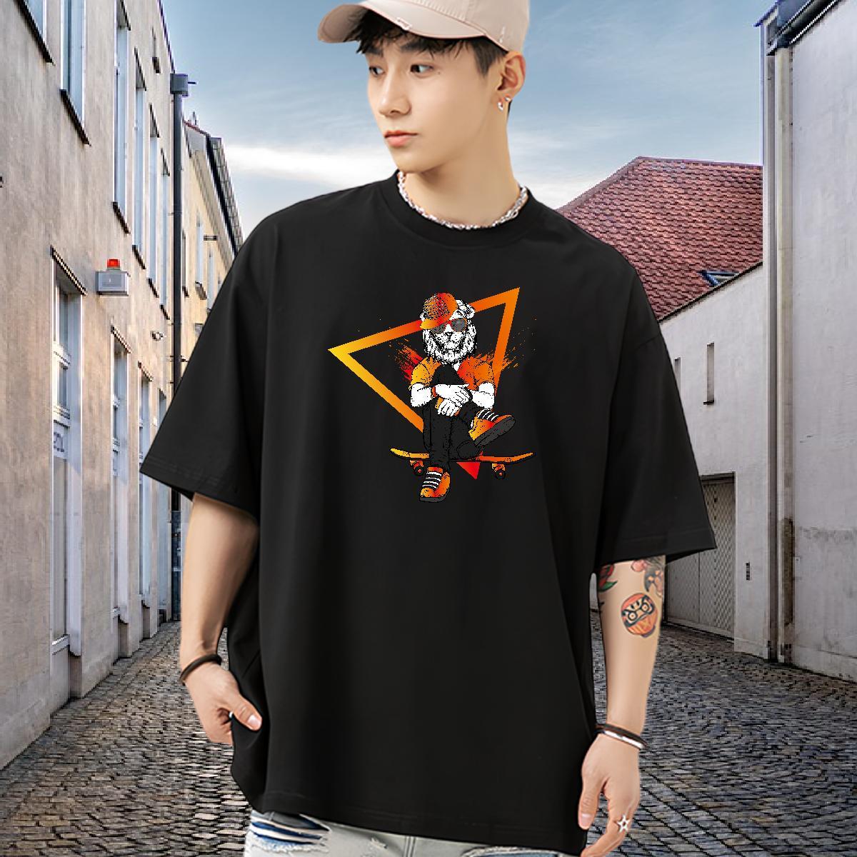 Fashion Casual Man T Shirts 230g Pure Cotton lion Street Casual Polos Breathable Short Sleeve Comfortable Mens Tshirts Black Oversized