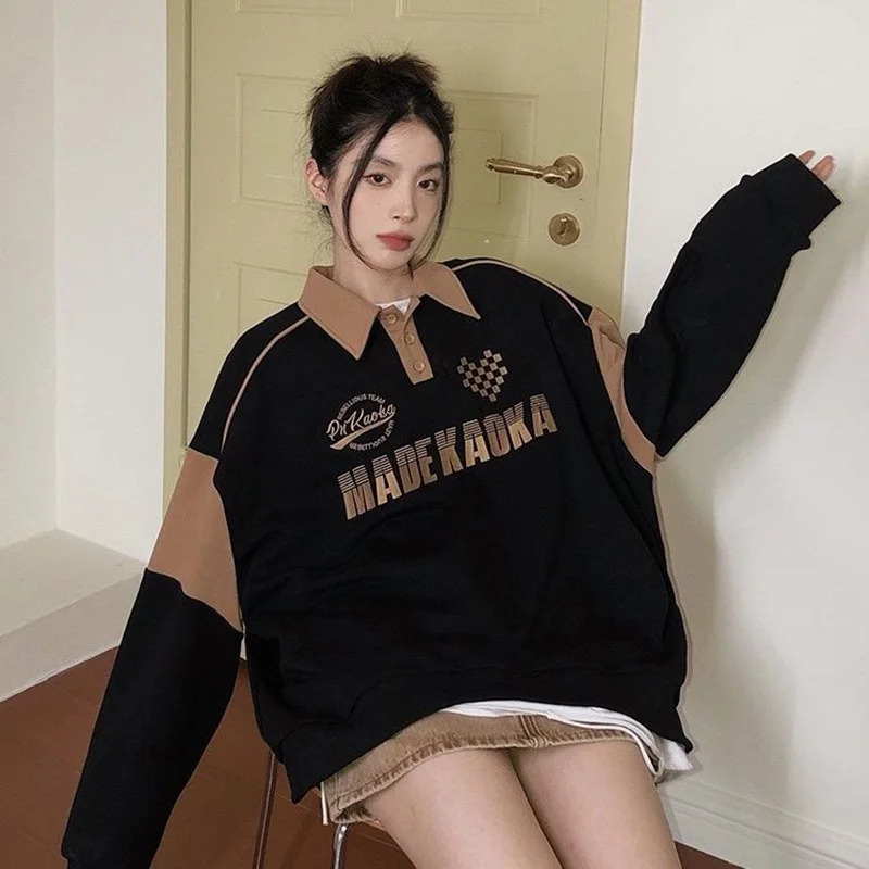 Korean Letter Print Polo Collar Women Hoodies Vintage Oversized Sweatshirt Autumn Warm Y2K Long Sleeve Shirt Teens Polo Shirt 240806