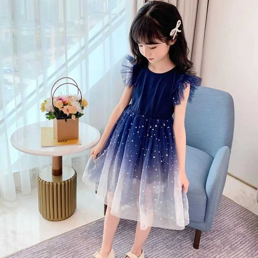 Girl Starry Sky Gradient Princess Dress Summer Sleeveless Fashion Gauze Dress New Year Childrens Birthday PartyW240720