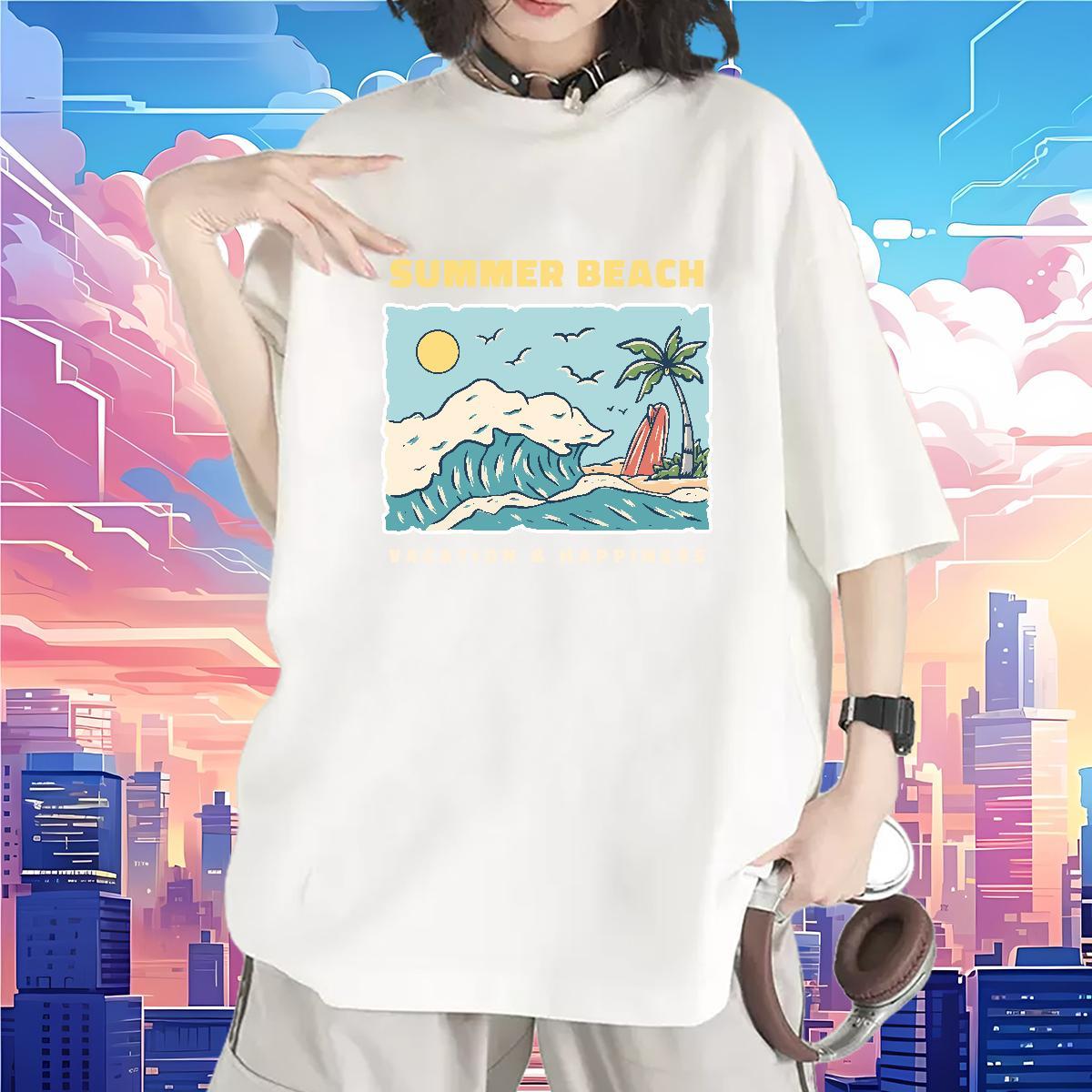 Nice T shirt Breathable Woman Tshirt Plus Size Custom sea Beach 230g Pure Cotton 2024 Top Tees