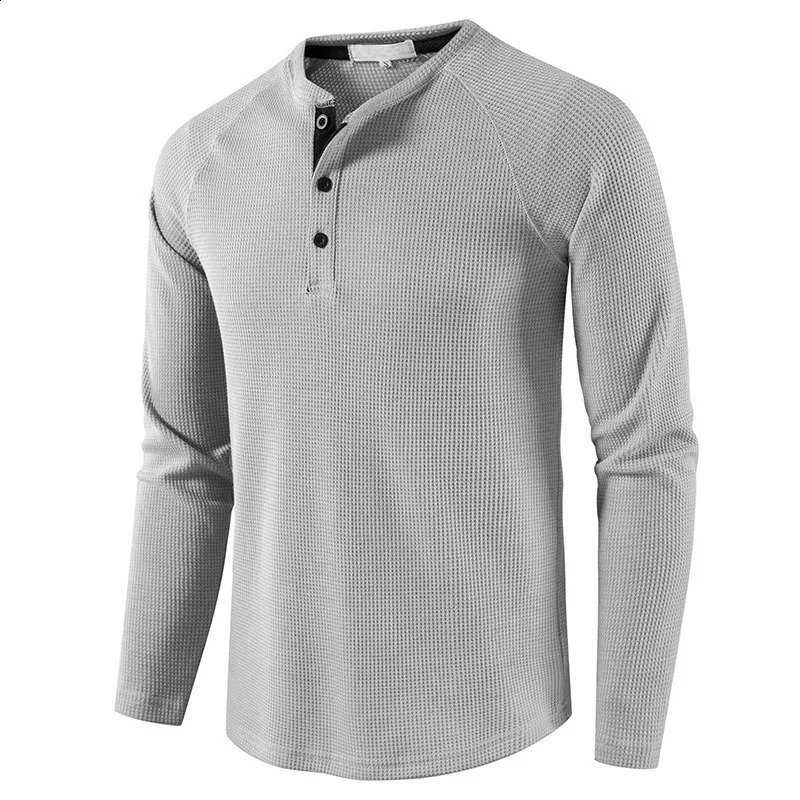 Fashion Waffle Cotton T Shirt Men 2024 Autumn Slim Fit Long Sleeve Henley Tshirt Streetwear Casual Solid Color TShirt 240815
