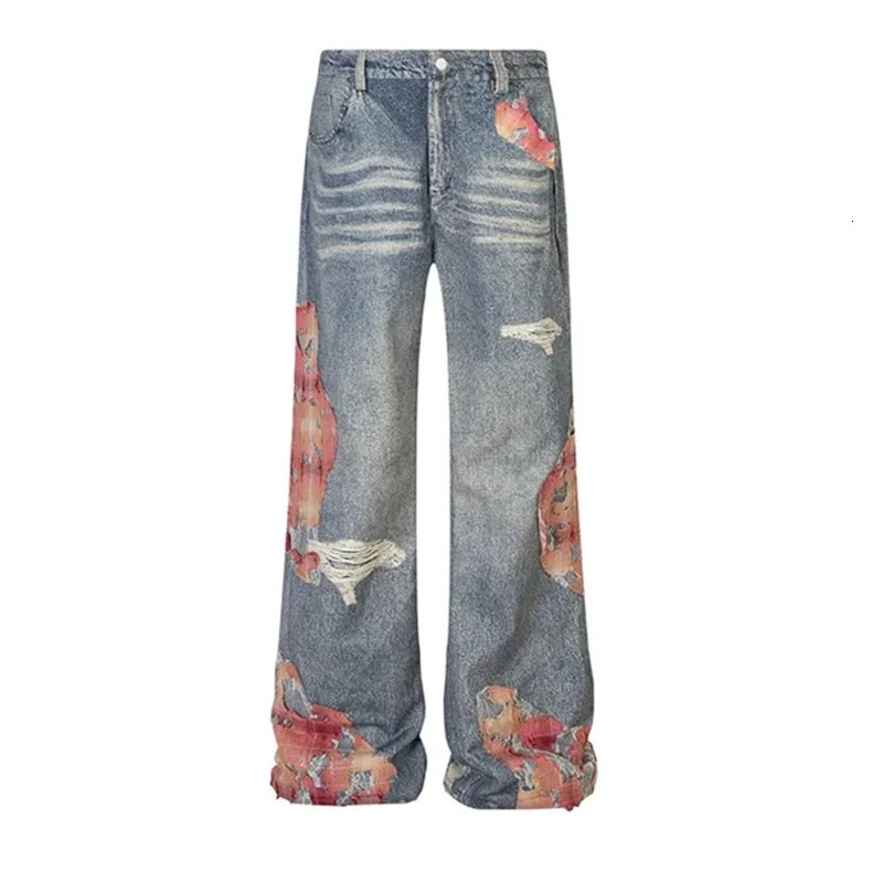 Autumn Vintage Ripped Harajuku Y2K Loose Jeans Hollow Out Tassels Pants Womens Wide Leg Trashy Print Baggy Denim Trouser 240806