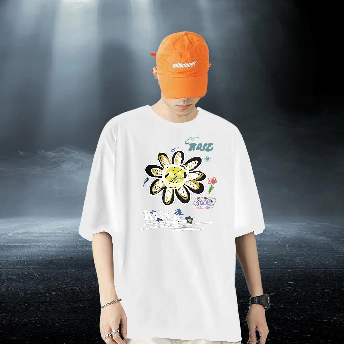 Brand Men T Shirts 230g 100% Cotton flower Hip Hop Street Clothings Breathable Short Sleeve Loose Tshirt for Man Woman Custom Anime