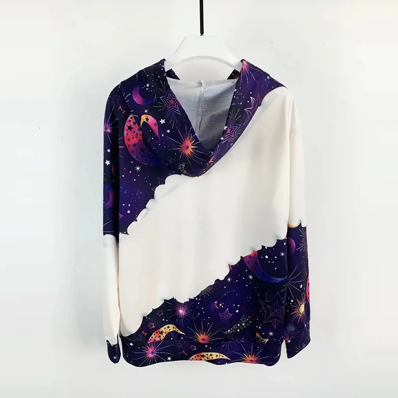 Moon Print Kangaroo Pocket Hoodie Casual Long Sleeve Drawstring Hoodies Sweatshirt Womens Clothing 240806