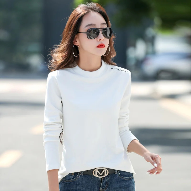 #0317 Autumn Winter Skinny T Shirt Women Warm Thick Casual T Shirt Femme O-neck Embroidery Letters Womens T-shirt Long Sleeves 240806