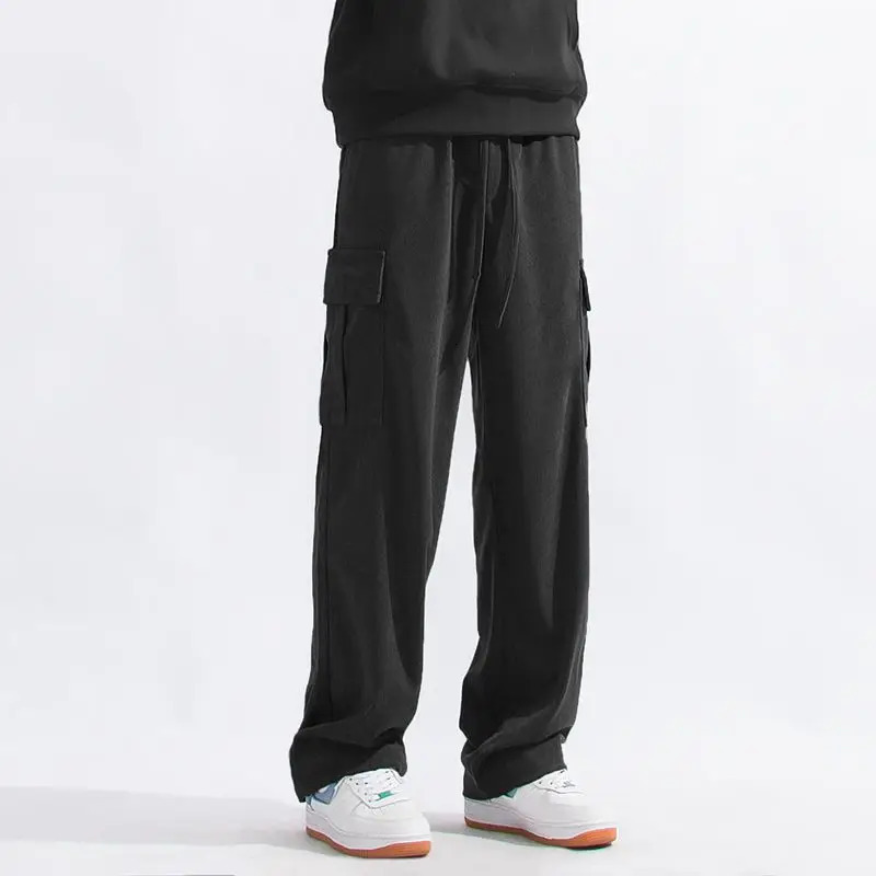 American Vintage Autumn Corduroy Casual Work Pants Mens Solid Elastic Waist Pocket Patchwork Drawstring Loose Straight Trousers 240806