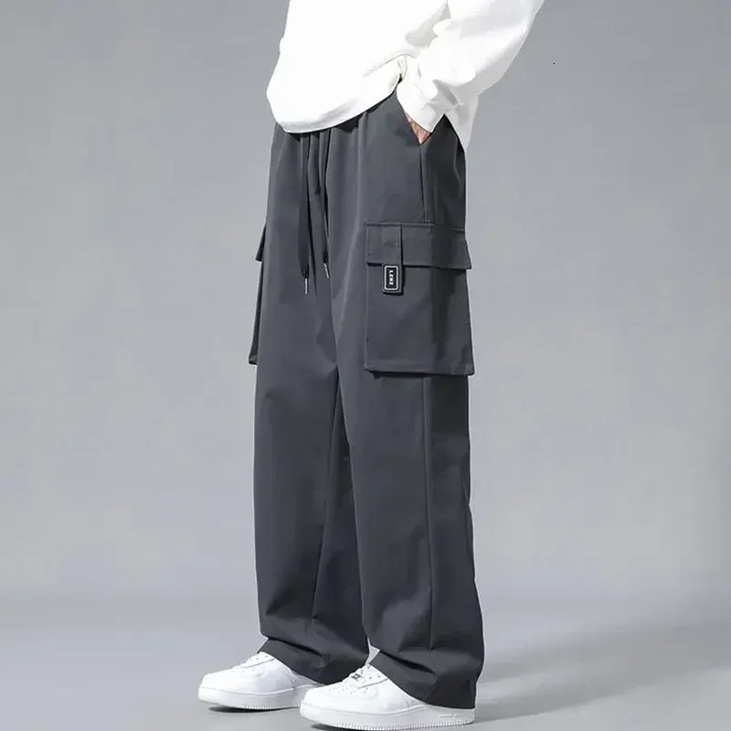 Mens straight black cargo pants autumn gray large size casual retro Techwear est Y2k bagged Harajuku w240824
