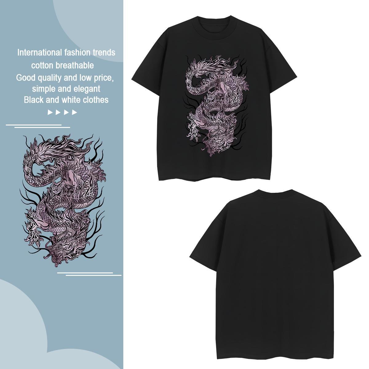 T-Shirts for Men 100% Cotton 230g Black Purple Dragon Street Breathable Short Sleeve Black White Men Tops Tees Stylist Brand Tee Shirt