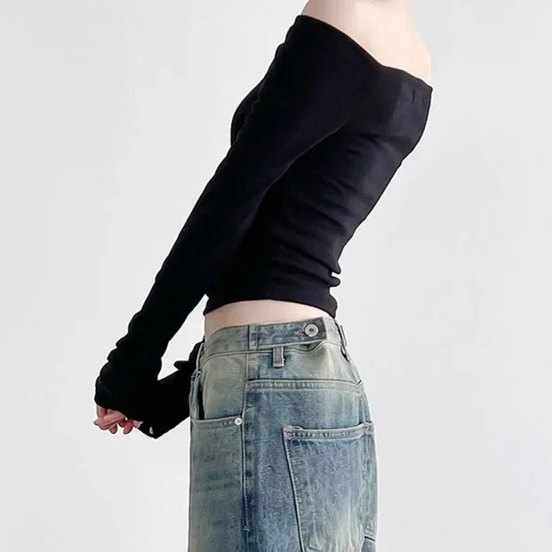 Solid Slash Neck Crop Top Women Off Shoulder Long Sleeve Skinny T-shirt Harajuku y2k Femme Clothing Autumn Casual Shirts 240806
