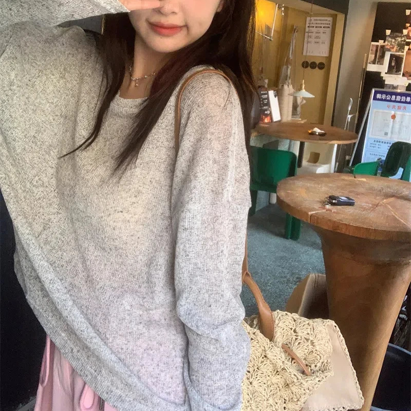 Korean Summer Womens Splicing Pullover O-Neck Fashion Solid Color Minimalist Office Lady Loose Casual Long Sleeve Tops 240806