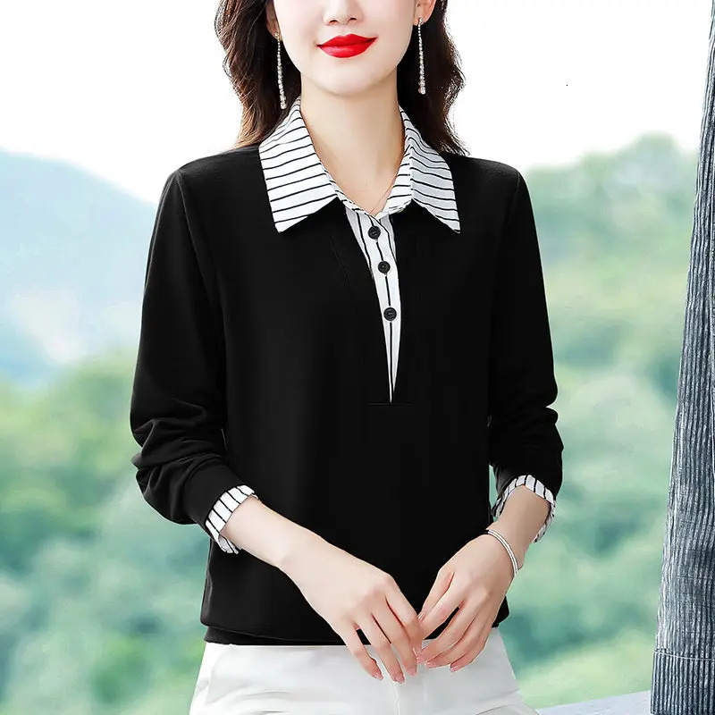 Spring Summer Tee Shirt Womens Clothing Long Sleeve Loose Turn-down Collar Striped Button Patchwork Elegant Fashion Casual Tops 240806