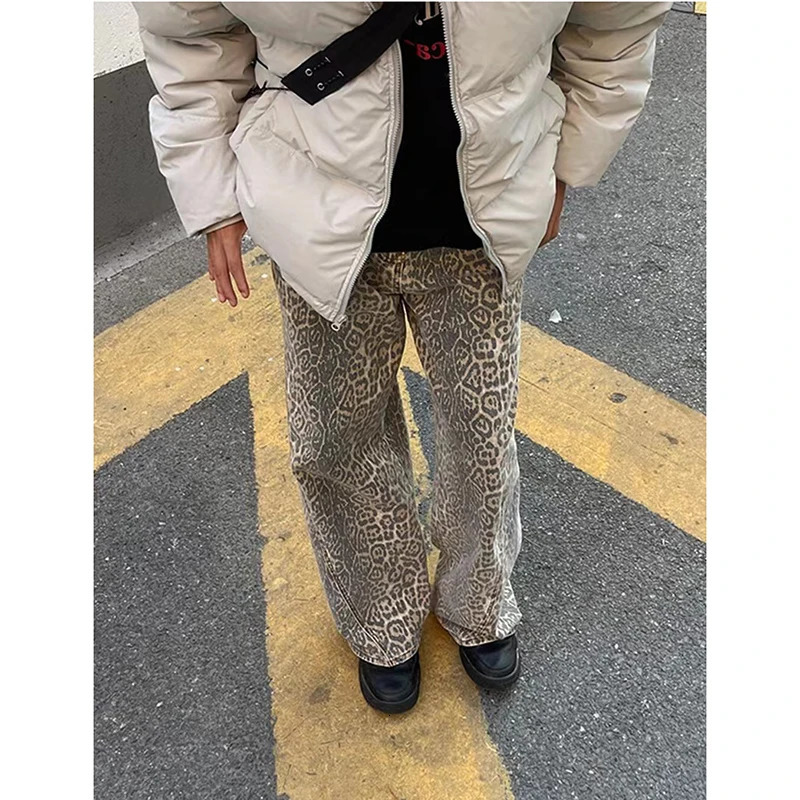 Brown Womens Jeans High Waist Leopard Print Straight Fashion Pants Streetwear Harajuku Y2K Vintage Female Wide Leg Denim Trouse Z260314