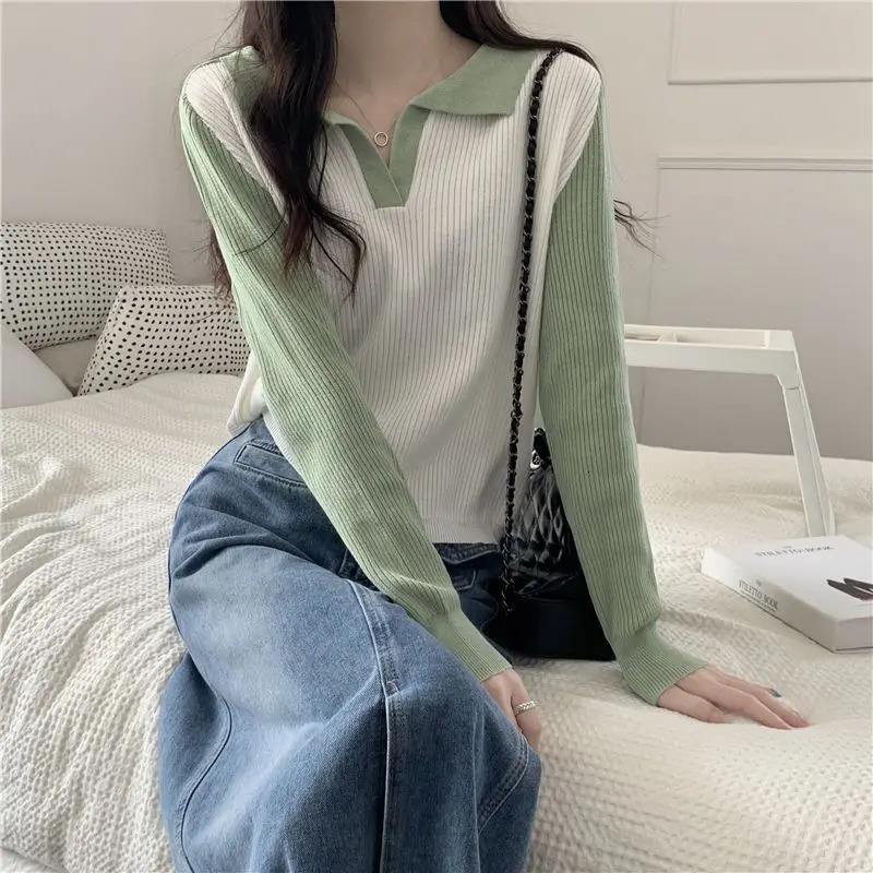 Autumn Womens Pullover Polo Collar Screw Thread Contrast Color Fashion Slim Minimalist Long Sleeved Knitted Sweater 240806