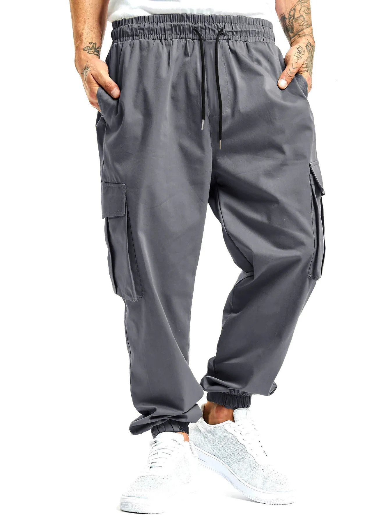 Mens Spring And Fall Loose MultiPocket Drawstring Work Pants Outdoor Washed Vintage High Street HipHop Casual 240806