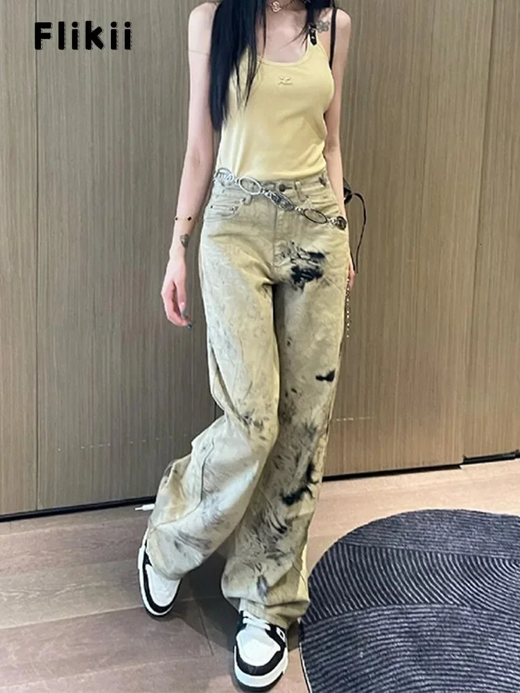 American High Street Vintage High Waist Jeans Womens Y2K Casual 2000s Straight Pants Baggy Wide Leg Grunge Washed Denim Trouser 240806