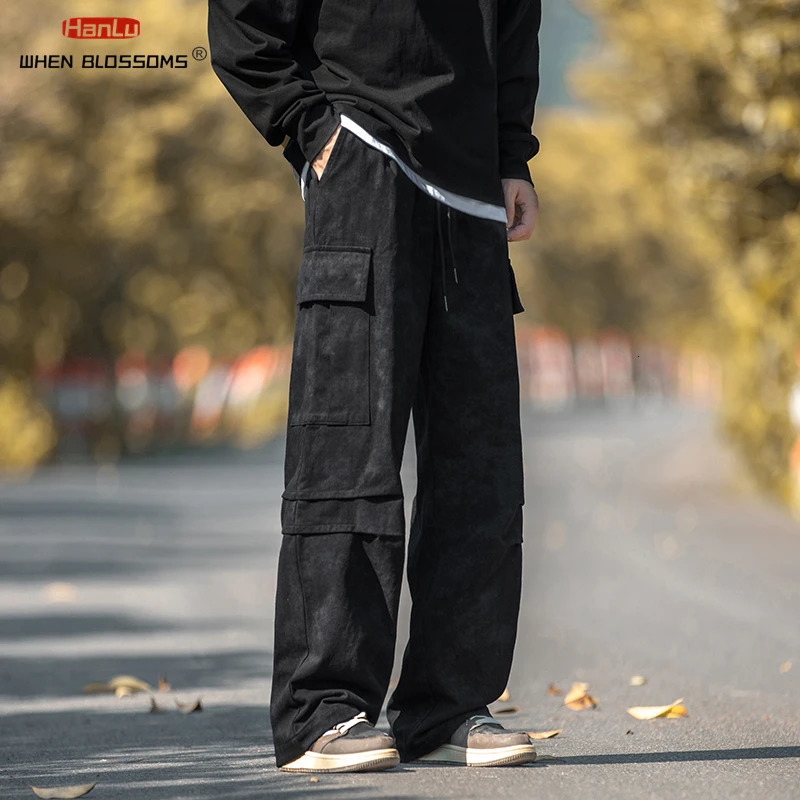 HANLU Dirty dyeing to make old prints Classical Cotton Cargo Pants Mens Loose Fit Wide Leg Trousers Baggy Autumn 240806