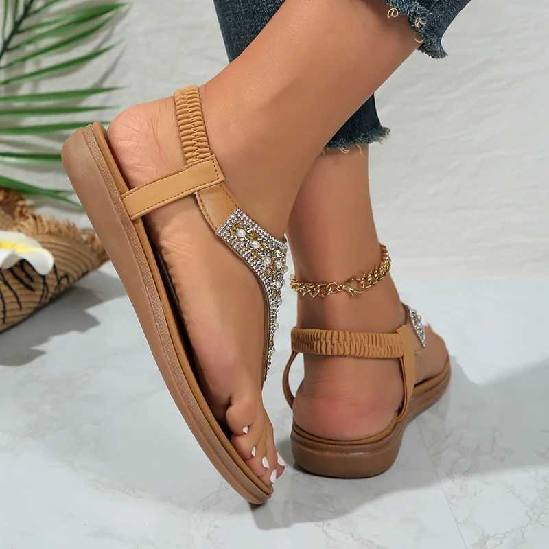 High Quality Lucyever Summer Clip Toe Bohemia Sandals Women Fashion Shiny Crystal Flat Sandalias Woman Non Slip Sole Beach Sandals Women T241227